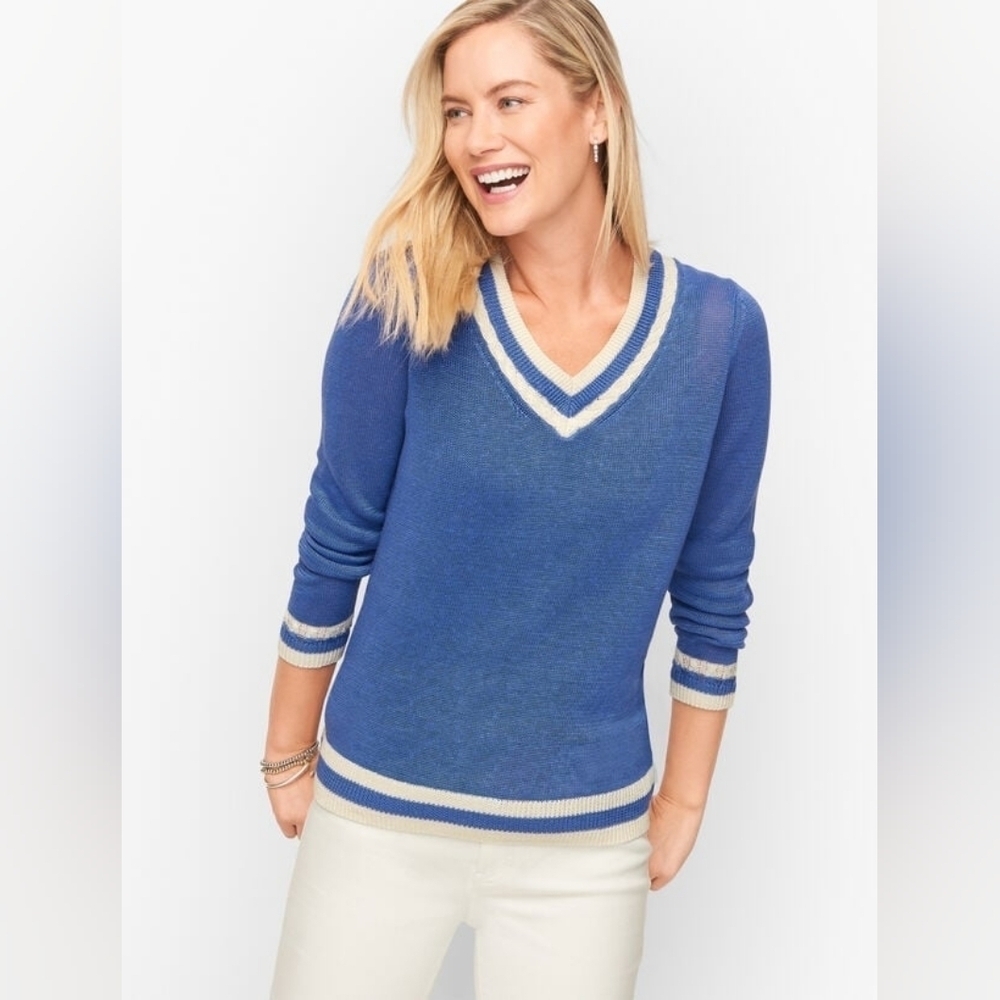 Talbots Plus 100% Linen Sweater Blue V-Neck Preppy Pickleball Tennis M